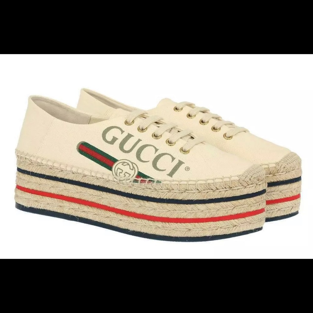 GUCCI CANVAS LOGO WEDGE ESPADRILLE PLATFORM SHOES